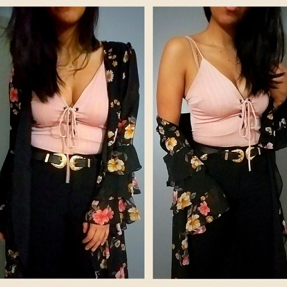2FOR $15| LIGHT PINK LACE UP RIBBED BODYSUIT - Picture 4 of 5